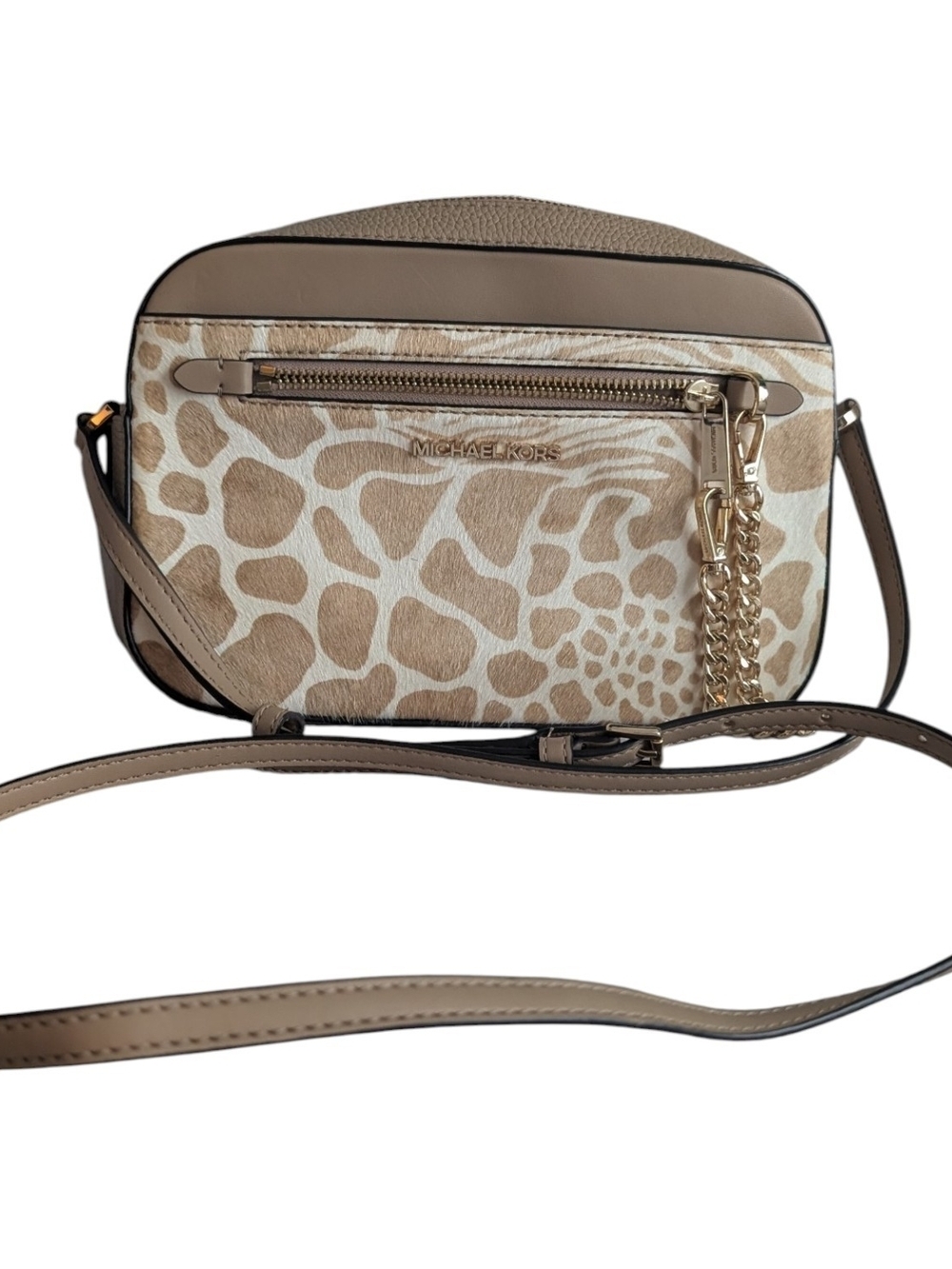 Michael Kors Beige Giraffe-Print Crossbody with Gold Chain Detail